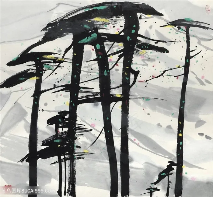 吴冠中手绘水墨松树装饰画