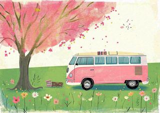 清新可爱春日郊游旅行房车粉绿蜡笔插画手绘草坪，惊蛰春分