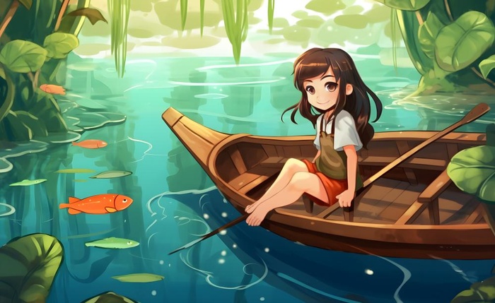 在湖中划船的女孩睡莲绿叶插画海报背景(5632x3456)