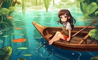 在湖中划船的女孩睡莲绿叶插画海报背景