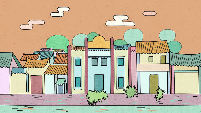 古风建筑插画psd模版下载