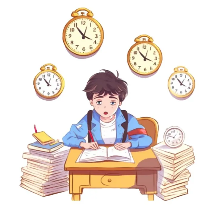 学生在书桌写作业时间时钟免抠(1024x1024)
