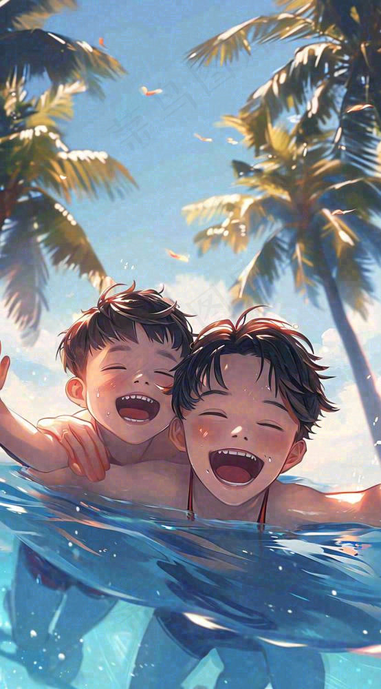 夏天火辣阳光少年游泳清爽插画，夏至夏季小暑大暑暑假(816x1472)