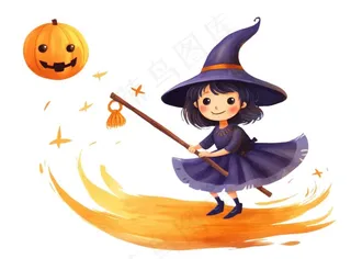 万圣节女巫蝙蝠南瓜卡通插画免抠