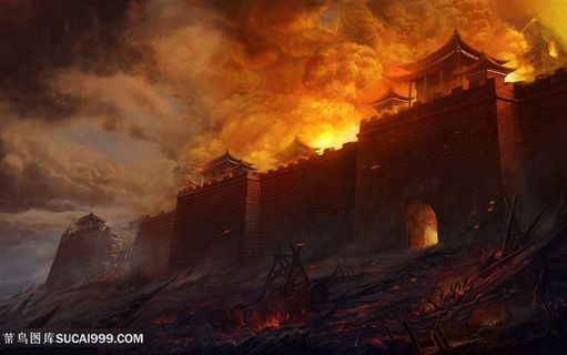 中国风城墙内战场上CG原画绘画图片