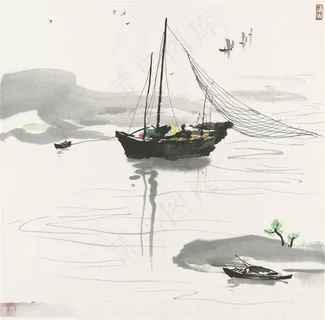 吴冠中手绘水墨湖畔船美景装饰画 吴冠中手绘水墨湖畔船美景装饰画