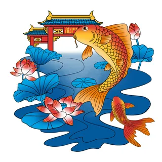 手绘国潮古风喜庆铜钱锦鲤鱼金鱼荷花插画场景装饰PSD设计素