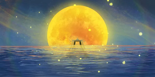 中秋节月倒影唯美插画素材 中秋节月倒影唯美插画素材