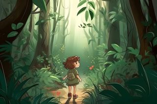 春天小女孩在森林里漫步奔跑草丛花手绘插画素材背景