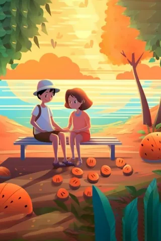 夕阳儿童朋友西瓜玩耍插画背景