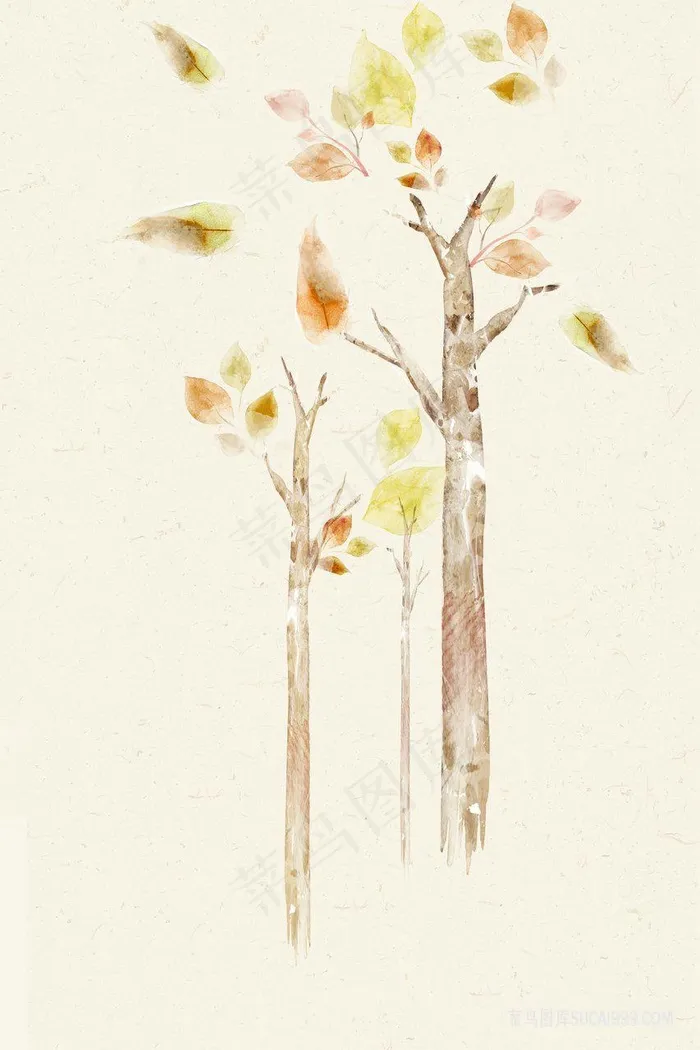 唯美水彩树复古插画