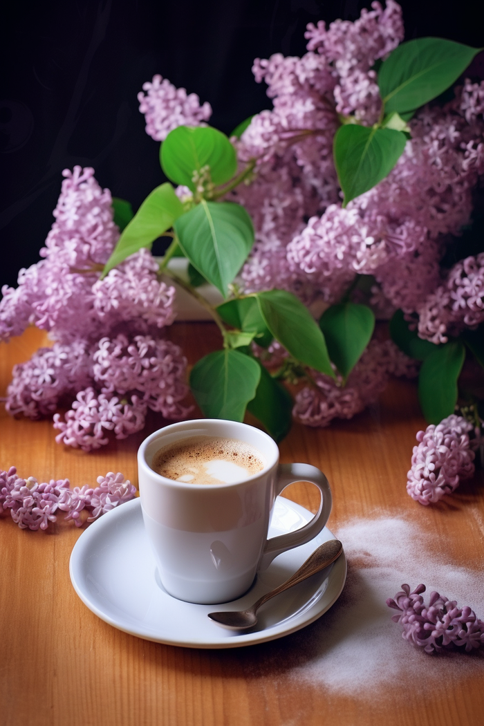 紫粉色鲜花书桌咖啡杯下午茶摄影图 