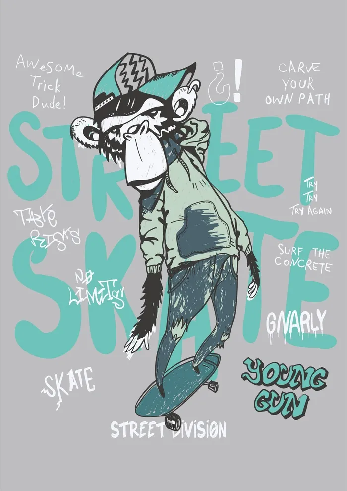 猴子玩滑板 卫衣 鸭舌帽 skatecdr矢量模版下载