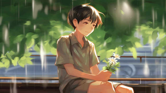 男孩坐着花树下木椅卡通插画素材(4368x2448)