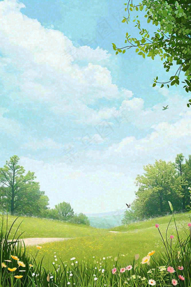 春日郊游草坪小路小花踏青手绘插画，立春春分(896x1344)