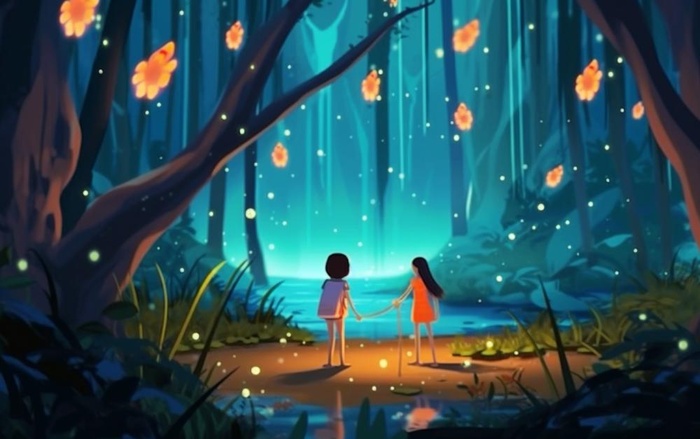 夜晚森林萤火虫蝴蝶插画背景