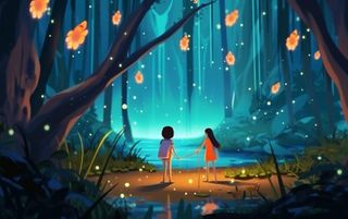 夜晚森林萤火虫蝴蝶插画背景