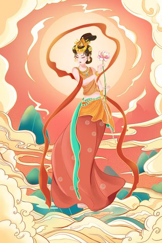 复古中国风国潮神话人物敦煌插画仙女手绘海报背景PSD设计素材