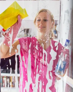 正在擦玻璃的家庭妇女