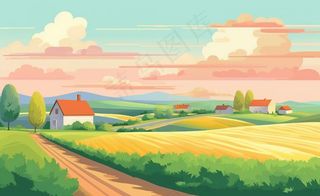 乡村村庄美丽风景河流插画农田插画背景