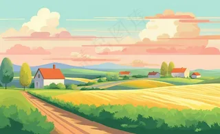 乡村村庄美丽风景河流插画农田插画背景