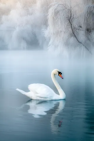 冬季雪景湖面游的天鹅摄影图