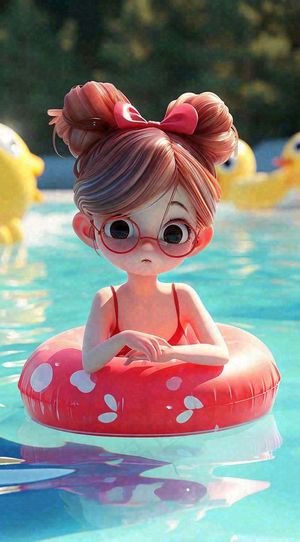 夏日卡通少女泳池游泳玩耍运动，夏天暑期