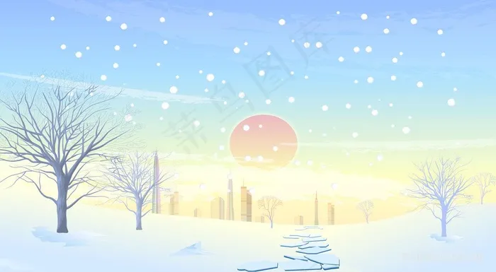 寒冬城市夕阳雪景唯美高清图片