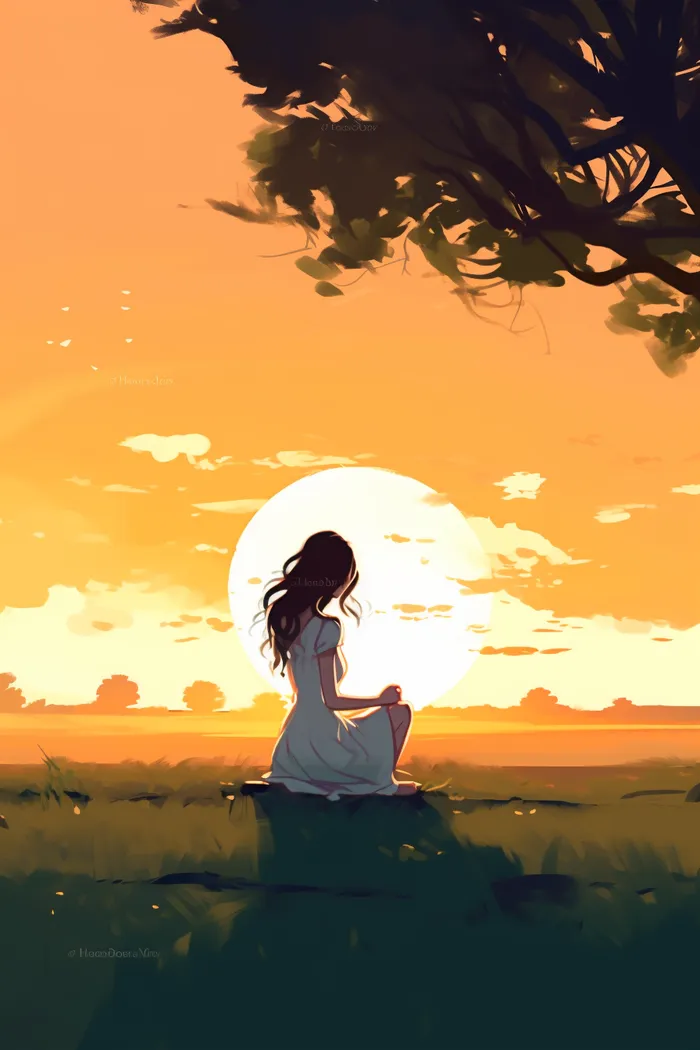 夕阳下女孩坐着树下草坪上远处的落日余晖卡通插画(x)