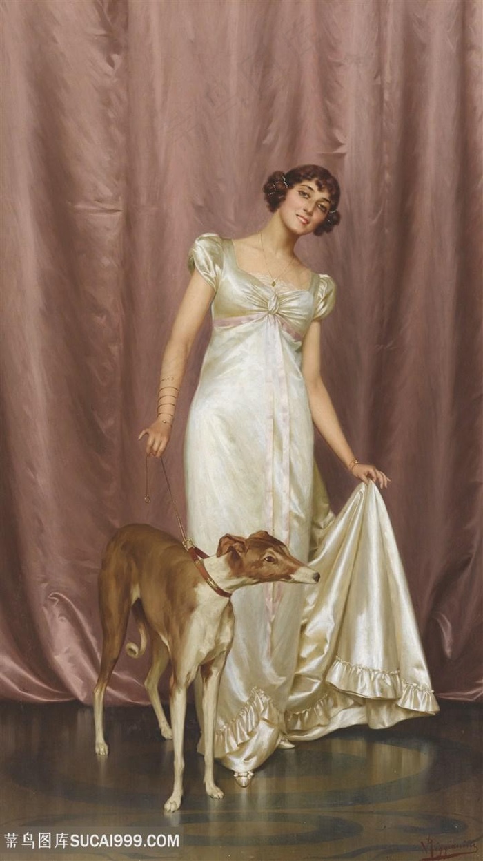 欧洲宫廷妇人牵着狗油画装饰画