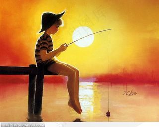 夕阳里钓鱼的小男孩图片素材
