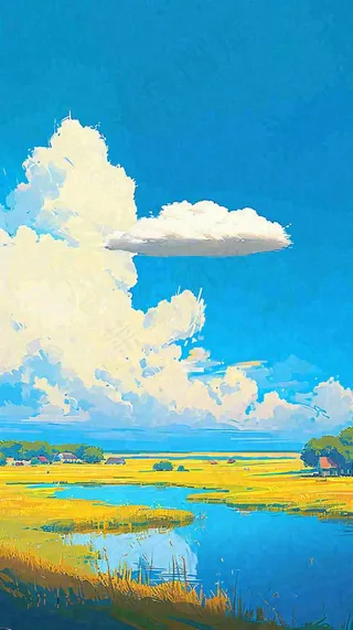 大自然湖面小溪草坪村庄蓝天白云，春天清新阳光