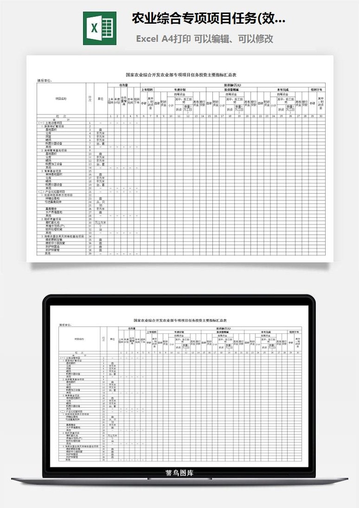 农业综合专项项目任务(效益)投资主要指标汇总表excel模板