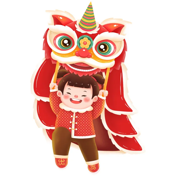 新年春节虎年元宵手绘人物舞狮卡通狮子头插画元素PSD设计素材psd模版下载