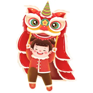 新年春节虎年元宵手绘人物舞狮卡通狮子头插画元素PSD设计素材