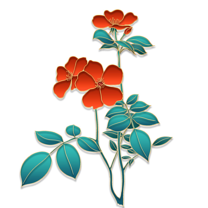 国潮风立体浮雕金边手绘花朵花卉PSD设计PNG免扣图片元素素材