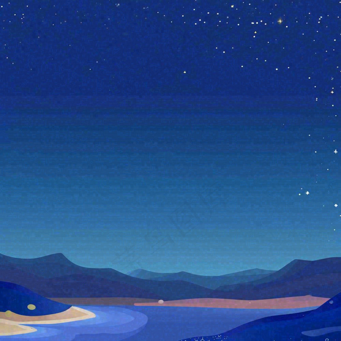 夜晚河面星空月亮唯美夜景扁平插画手绘(1024x1024)