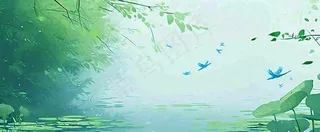 夏天池塘荷花池荷花荷叶河流插画手绘，夏至处暑小暑大暑