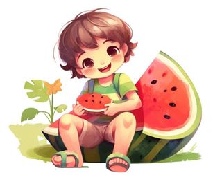 男孩和西瓜插画免抠