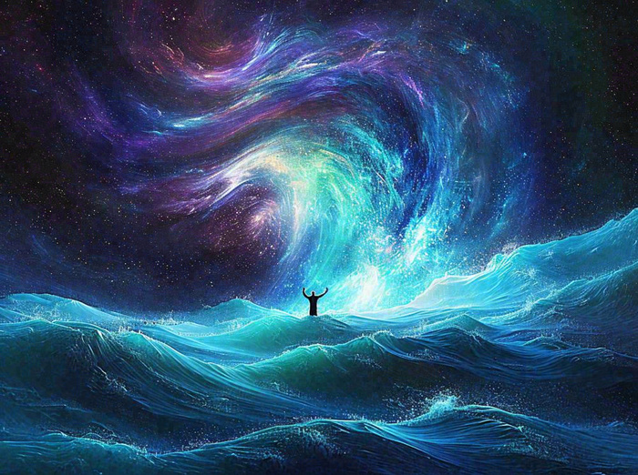 夜晚天空科幻绚丽星空下的人，暗黑天蓝