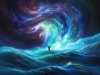 夜晚天空科幻绚丽星空下的人，暗黑天蓝