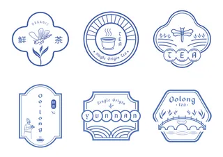 中国蓝色图案风格高级矢量茶徽章设计
