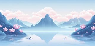 山水画湖泊花背景