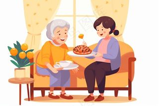 奶奶孙女品尝美食陪伴欢乐插画素材背景