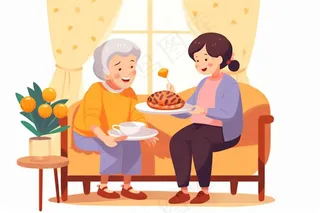 奶奶孙女品尝美食陪伴欢乐插画素材背景