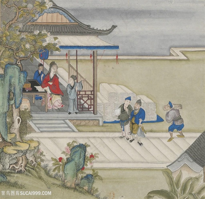 仓库清点古代造纸场景绘画图片