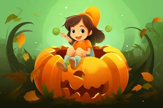 卡通插画女孩坐着南瓜灯上万圣节场景