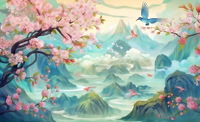 国潮风山峦云树枝花鸟插画海报素材背景(5632x3456)