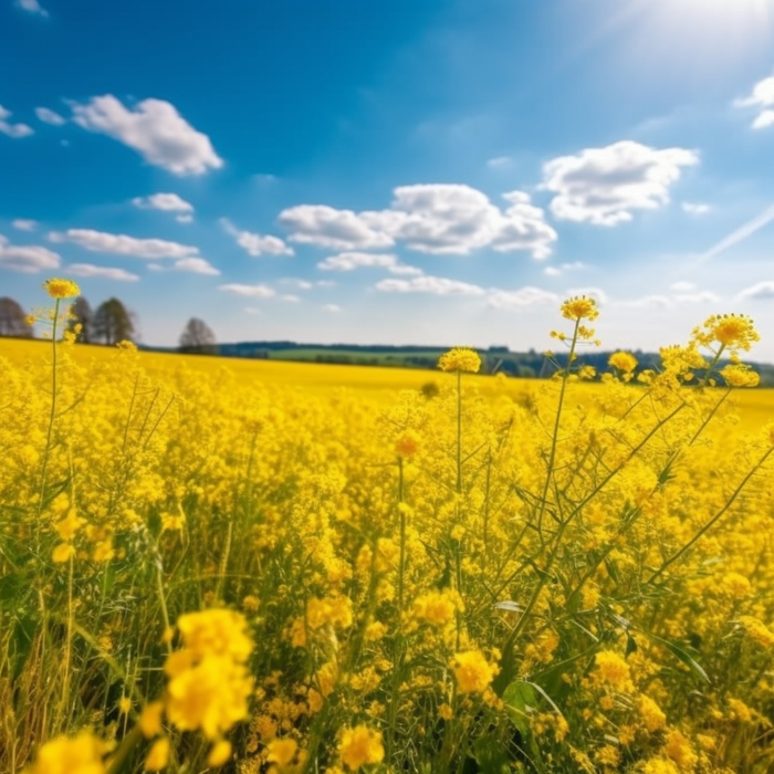 蓝天下开满黄色花朵的田野摄影图