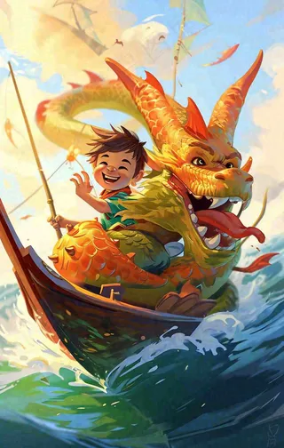 海上船只传说龙怪兽古风插画手绘